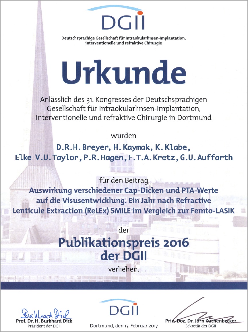 Die Urkunde unseres DGII-Publikationspreises 2016.
