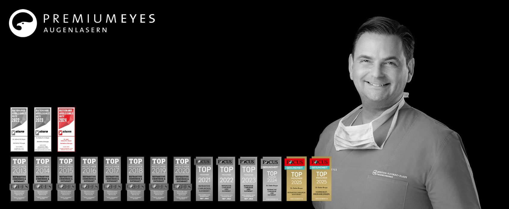 Dr. Breyer in OP-Kleidung mit Focus-Siegeln und Premium Eyes Logo.