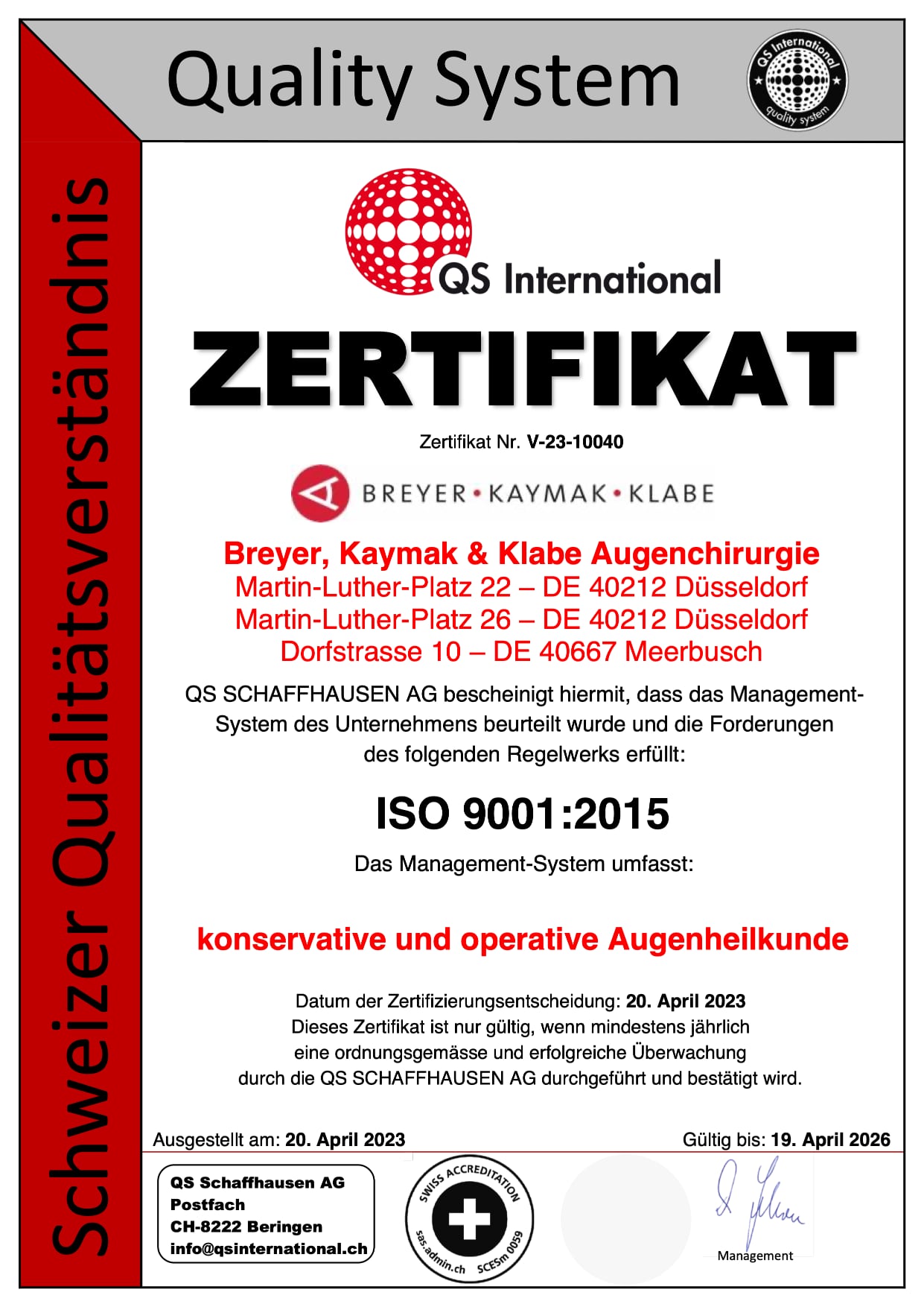QS-Zertifikat für konservative und operative Augenheilkunde der Breyer, Kaymak & Klabe Augenchirurgie