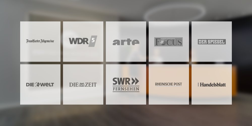 Logos von der FAZ, WDR, Arte, Focus, Der Spiegel, Die Welt, Die Zeit, SWR, Rheinische Post und Handelsblatt.